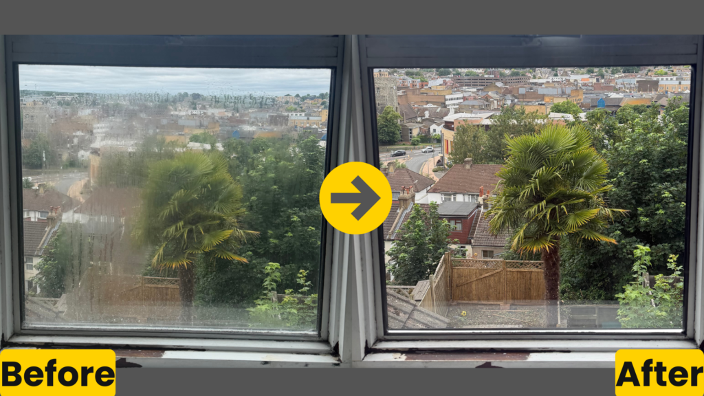Misted double glazed before and after glass replacement in South East England