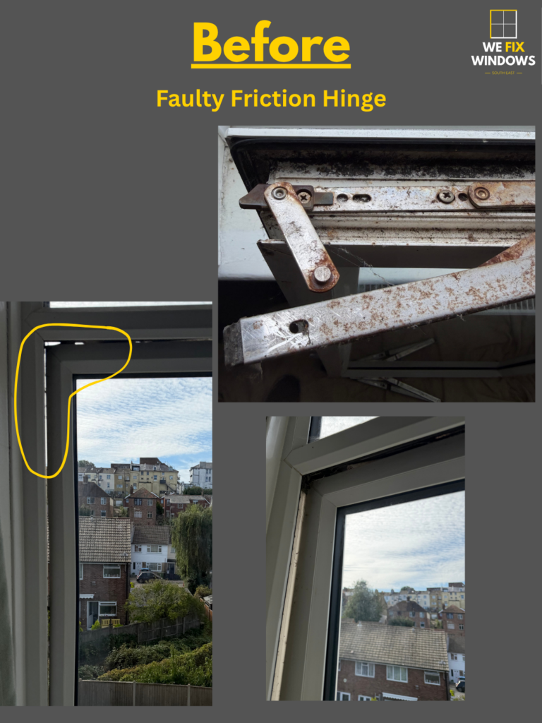 before photo of a faulty window hinge